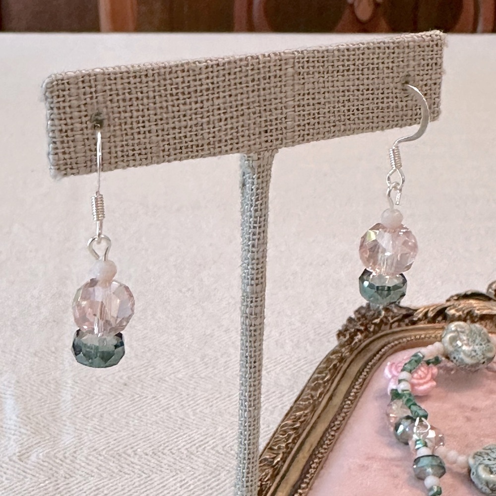 Handmade Pink & Green Ceramic Turtle Flowers Memory Wire Bracelet & Earrings Set - Picture 3 of 9